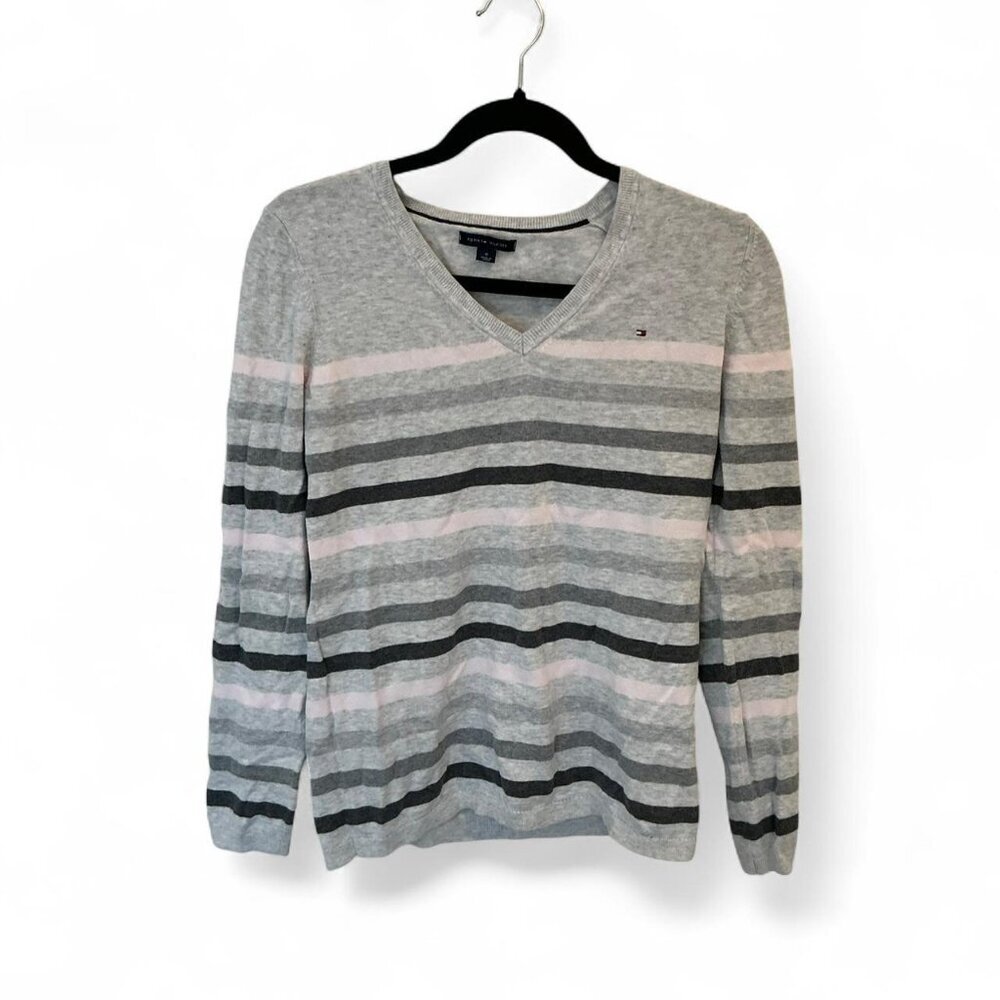 Tommy Hilfiger women’s grey and pink‎ striped V-neck sweater size Medium